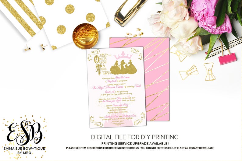 Once Upon a Time - Storybook Princess Pink and Gold Girls Birthday inv –  Emma Sue Bow-tique