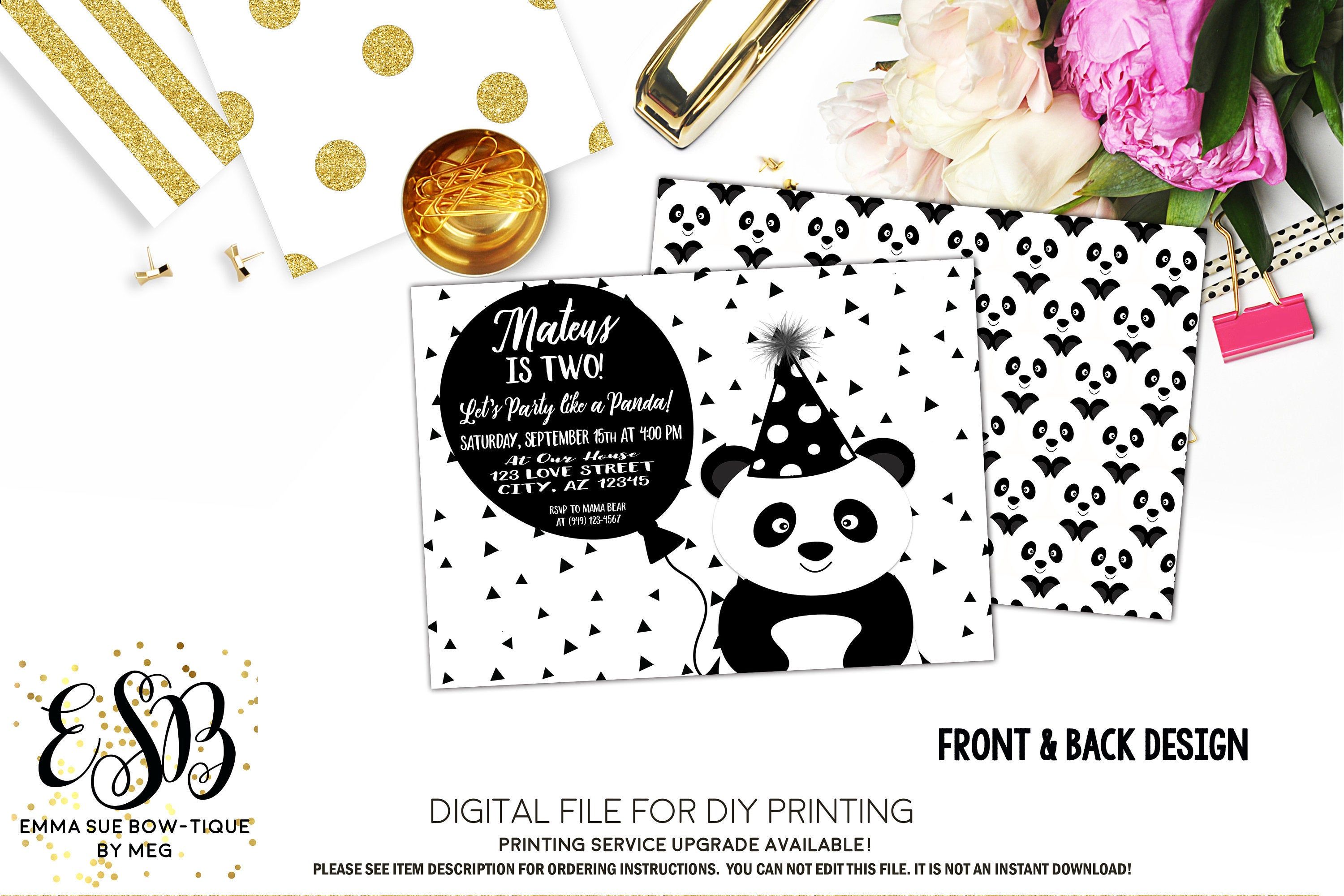 Panda with Balloon Birthday Party Invitation Printable - Digital File ...