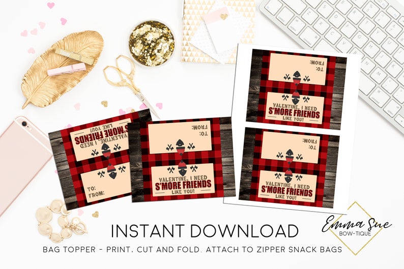 Lumberjack - S'mores Treat Bag Topper - Valentine I need S'more friends like you - Kid's Valentine's Day Card Printable - Digital File - Instant Download